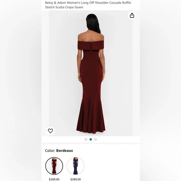 Betsy & Adam Women's Long Off Shoulder Cascade Ruffle Stetch Scuba Crepe Gown - Picture 3 of 6